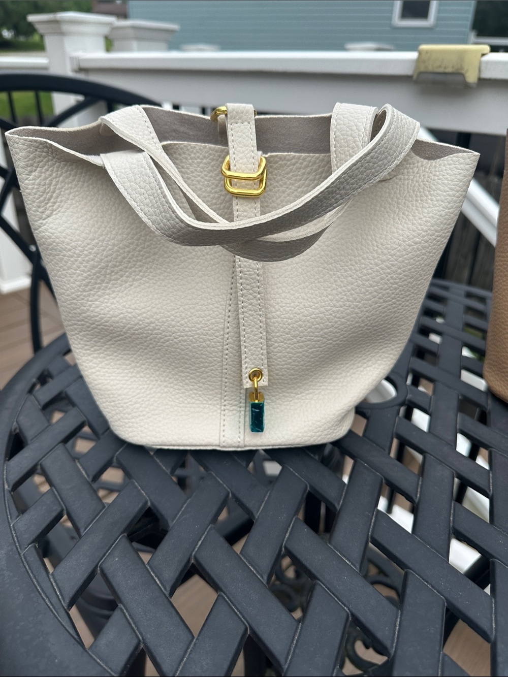 Cream Pebbled Leather Tote with Gold Hardware